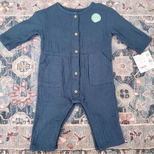 Navy Blue Baby Organic Button Romper
